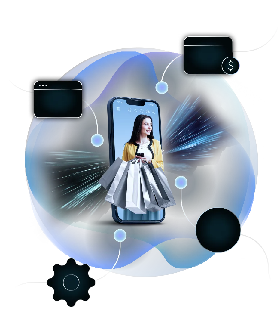 Shopper on a phone connected to payment, browser, settings, and data systems