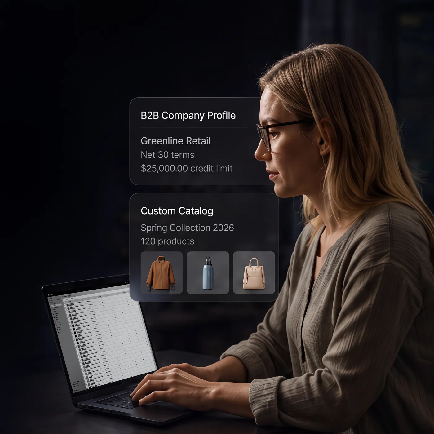 A wholesale buyer reviewing a B2B company profile with net terms and a custom catalog