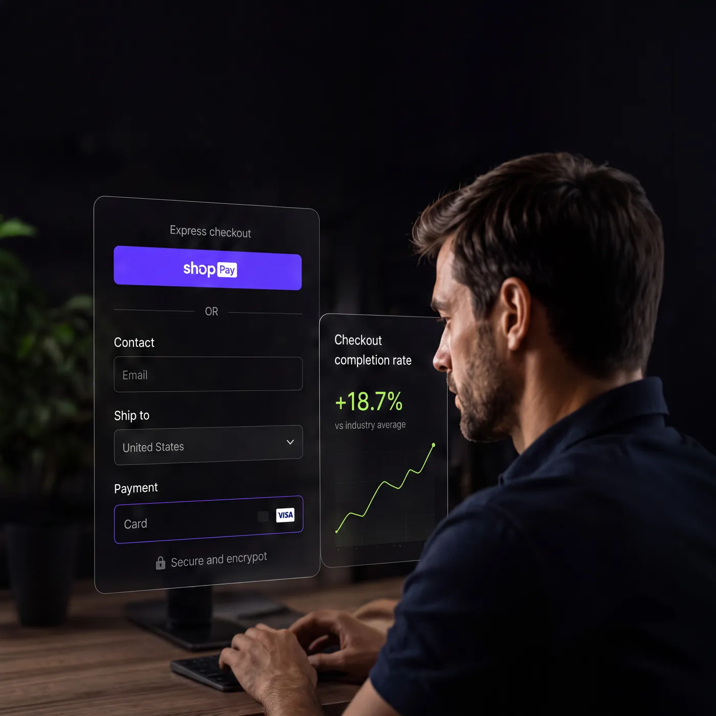 Shop Pay express checkout next to a rising checkout completion rate chart