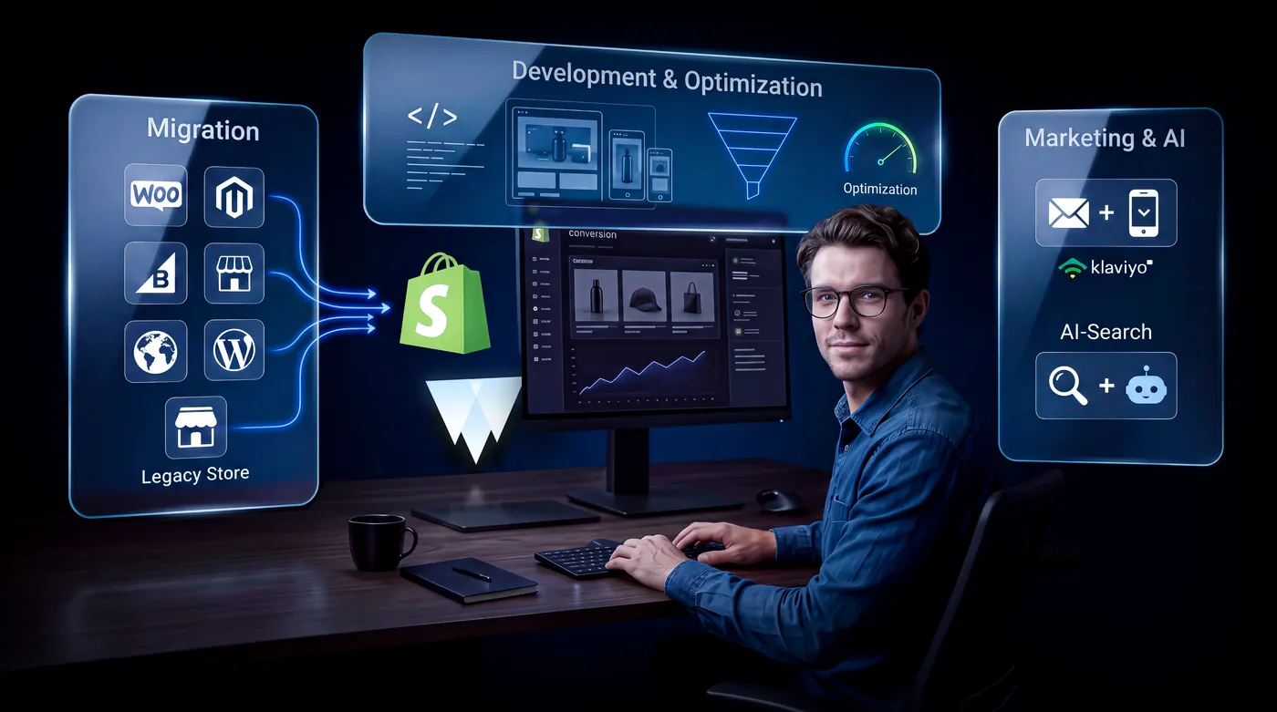 Migration, development and optimization, and marketing and AI workstreams feeding into Shopify